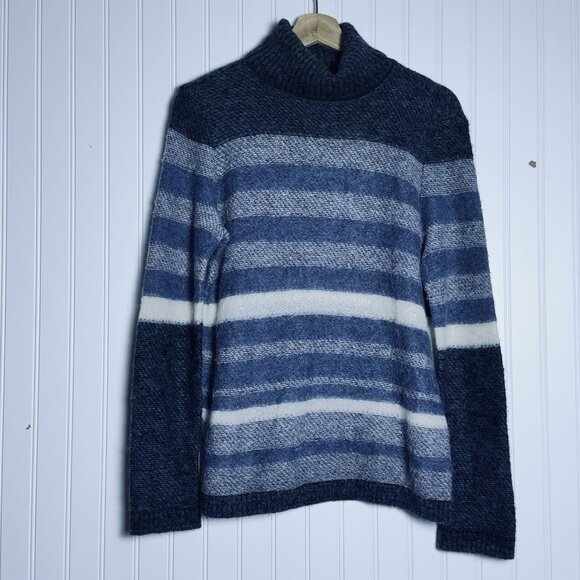 Tory Burch Tricia Blue Alpaca Wool Horizontal Striped Turtleneck Sweater Medium - Picture 2 of 7
